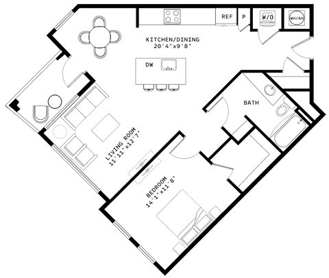 Floor plan for 1 bed, 1 bath, 904 sqft